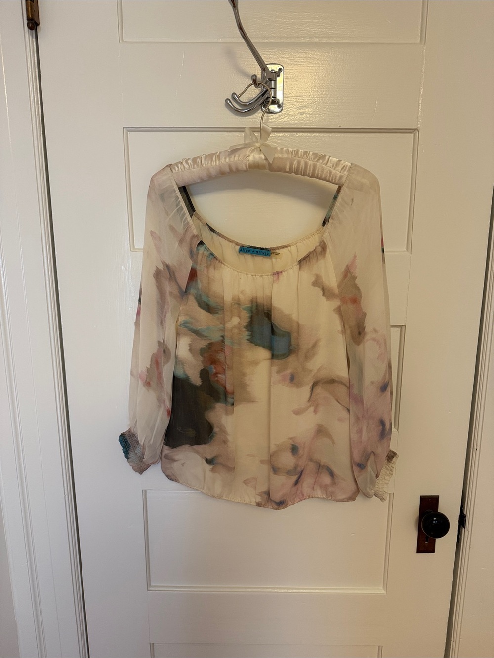 Alice + Olivia Cream Off-Shoulder Blouse with Watercolor Floral Accents